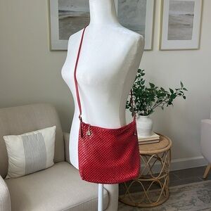 Vintage Whiting & David Red Mesh Crossbody Bag Gold Accents Sailboat Heart Charm